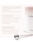 Pura Collagen Balance supplement in a glass jar with a scoop, featuring a clean label and a neutral background.