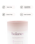 Pura Collagen Balance supplement bottle with label, featuring a sleek design and health benefits highlighted on the packaging.