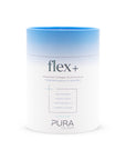 Pura Collagen flex+ supplement in a glass jar with a scoop, showing the product’s label and collagen powder inside.