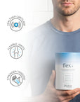 Pura Collagen flex+ supplement bottle with label showing product name and branding, placed on a clean white background.