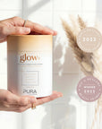 Pura Collagen glow+ Glow-07 with vibrant, glowing skin and radiant complexion featuring sleek packaging and a glass jar.