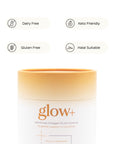 Pura Collagen glow+ bottle with label showing a sleek design and vibrant pink accents, emphasizing collagen supplement packaging.