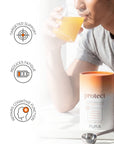 Pura Collagen Protect supplement bottle with label showing product details and branding, placed on a clean surface.