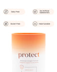 Pura Collagen Protect supplement bottle with label, featuring health benefit icons and white cap on a plain background.