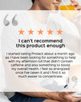 Pura Collagen Protect supplement bottle with label showing collagen benefits and ingredients, placed on a white background.