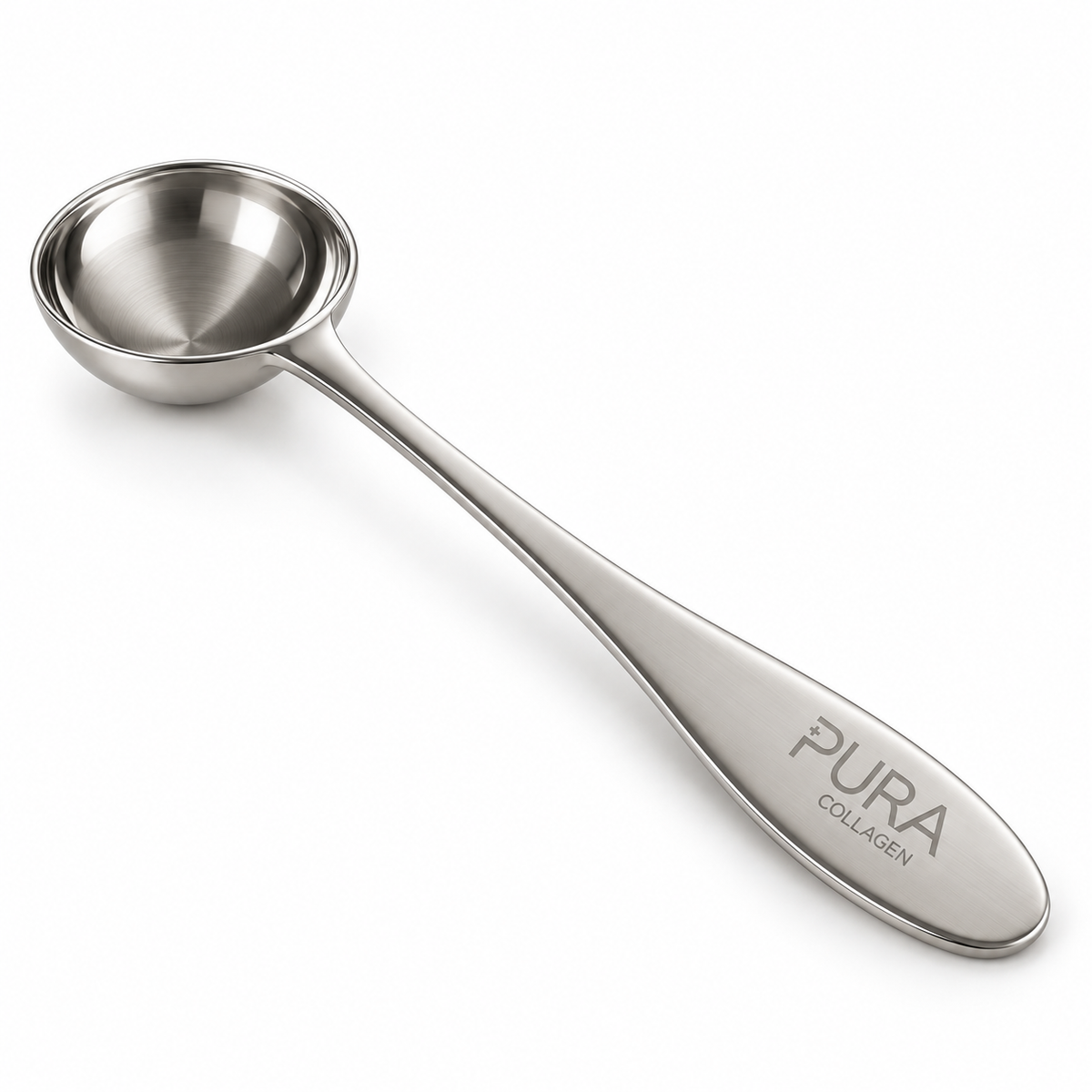 Pura Collagen stainless steel 5ml scoop for precise measurement of collagen powder or supplements.