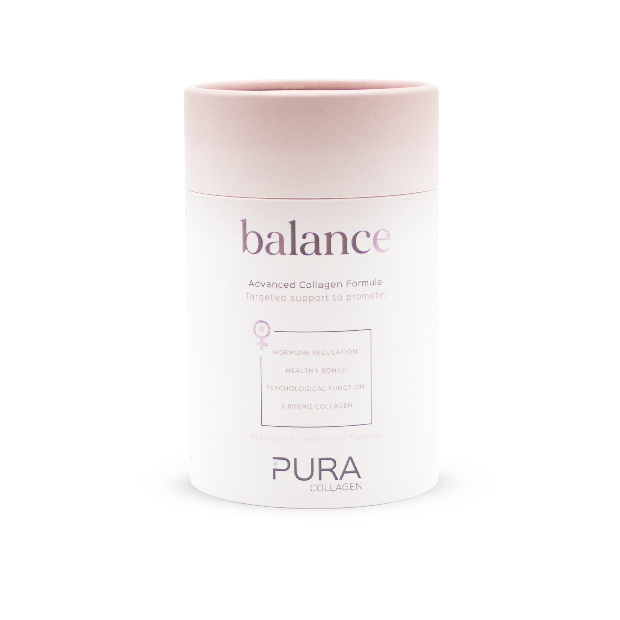 Pura Collagen Balance supplement container with a white lid and label, showcasing the product name and branding.