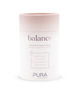Pura Collagen Balance supplement container with a white lid and label, showcasing the product name and branding.