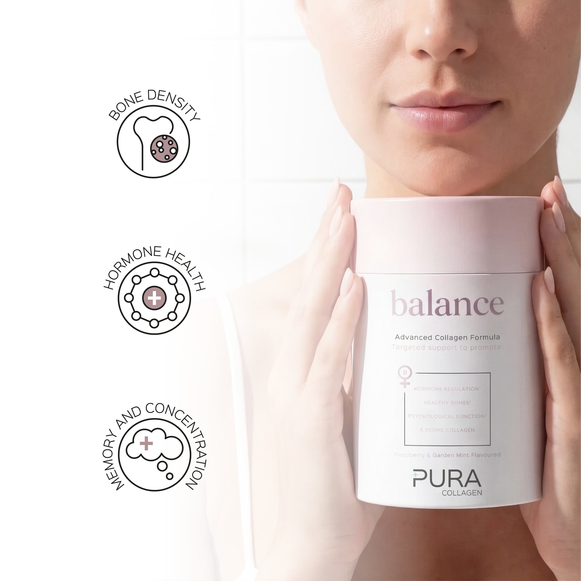 Pura Collagen Balance supplement bottle with label showing, placed on a clean white background.