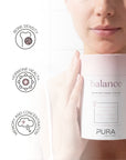 Pura Collagen Balance supplement bottle with label showing, placed on a clean white background.
