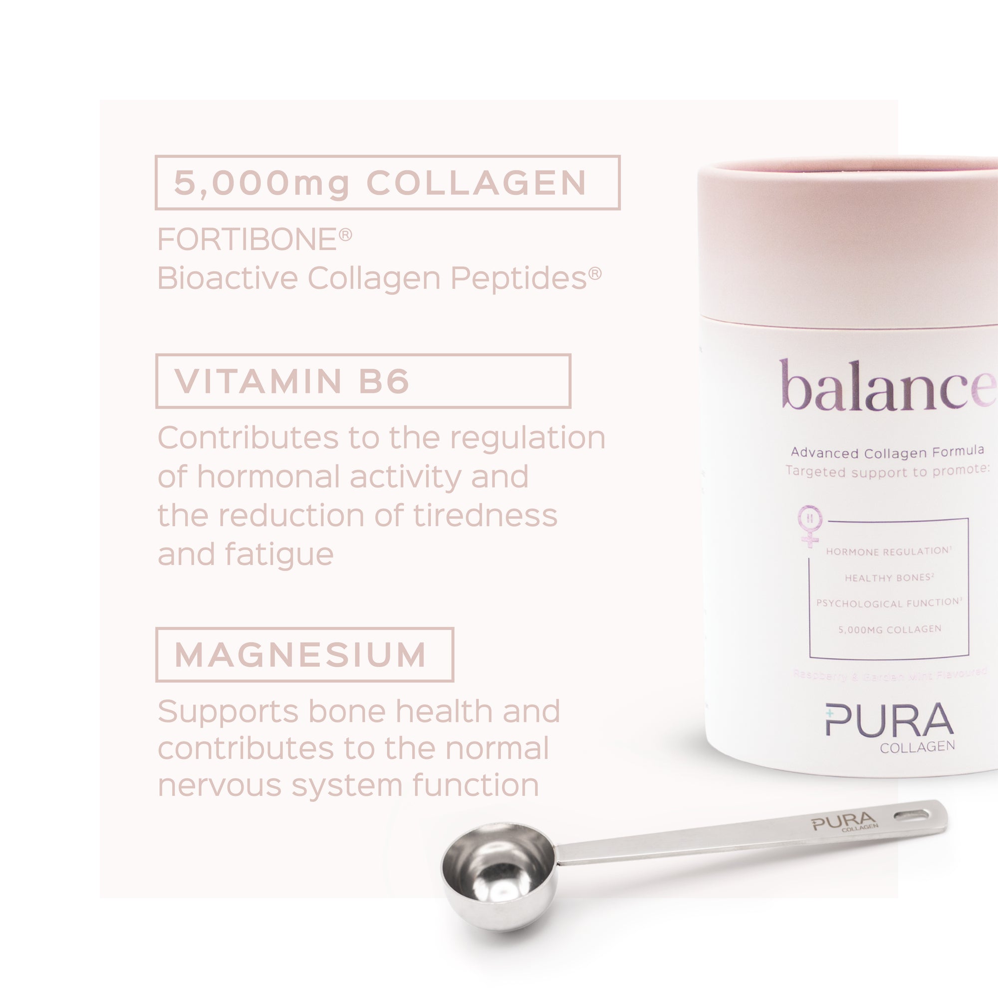 Pura Collagen Balance supplement in a glass jar with a scoop, featuring a clean label and a neutral background.