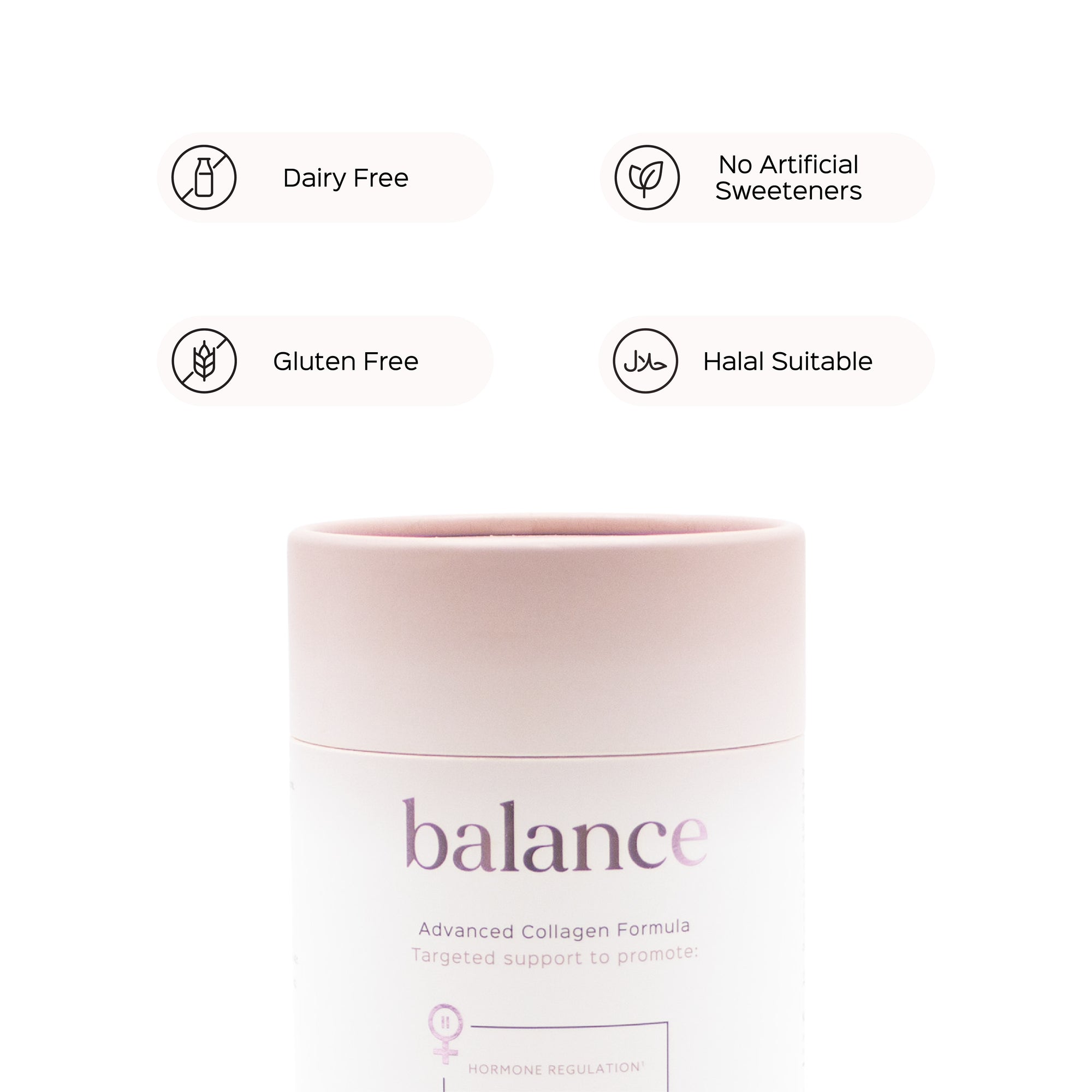 Pura Collagen Balance supplement bottle with label, featuring a sleek design and health benefits highlighted on the packaging.