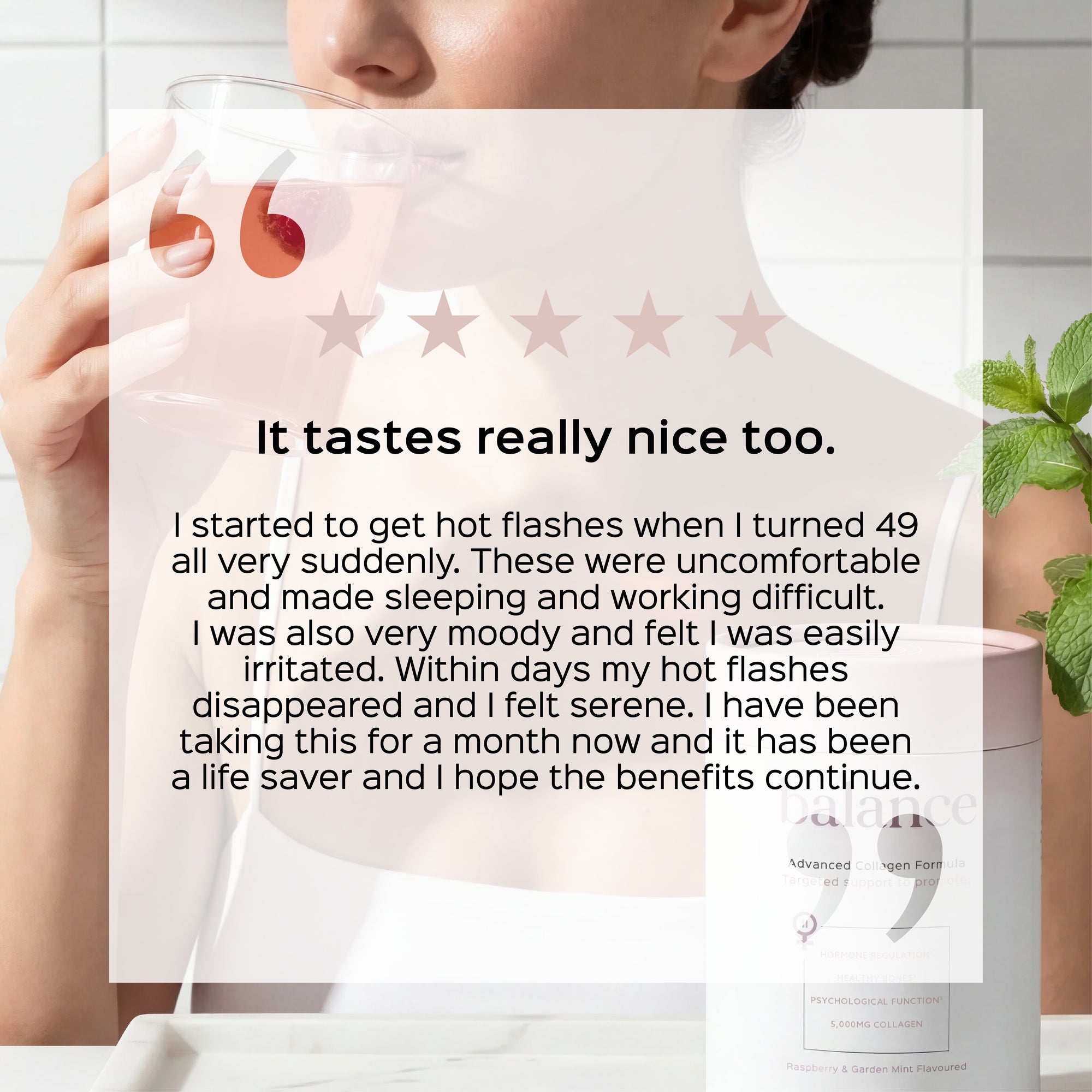 Pura Collagen Balance supplement bottle with a sleek design and label, showcasing a health-focused dietary supplement for wellness.