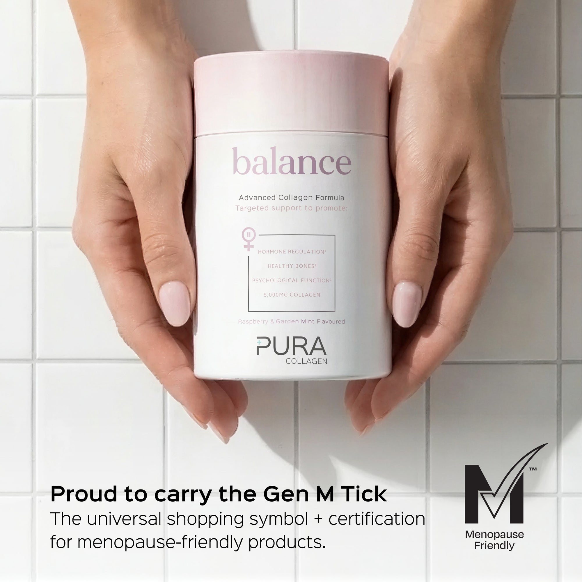 Pura Collagen Balance supplement in a jar with a scoop, featuring a blend of natural ingredients for supporting overall wellness.