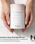 Pura Collagen Balance supplement in a jar with a scoop, featuring a blend of natural ingredients for supporting overall wellness.