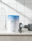 Pura Collagen flex+ dietary supplement container with labeled bottle and packaging, showcasing the product design and branding.