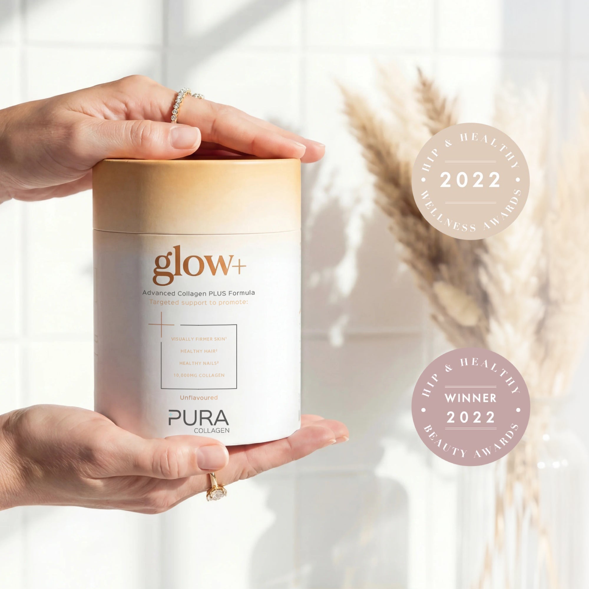 Pura Collagen glow+ Glow-07 with vibrant, glowing skin and radiant complexion featuring sleek packaging and a glass jar.