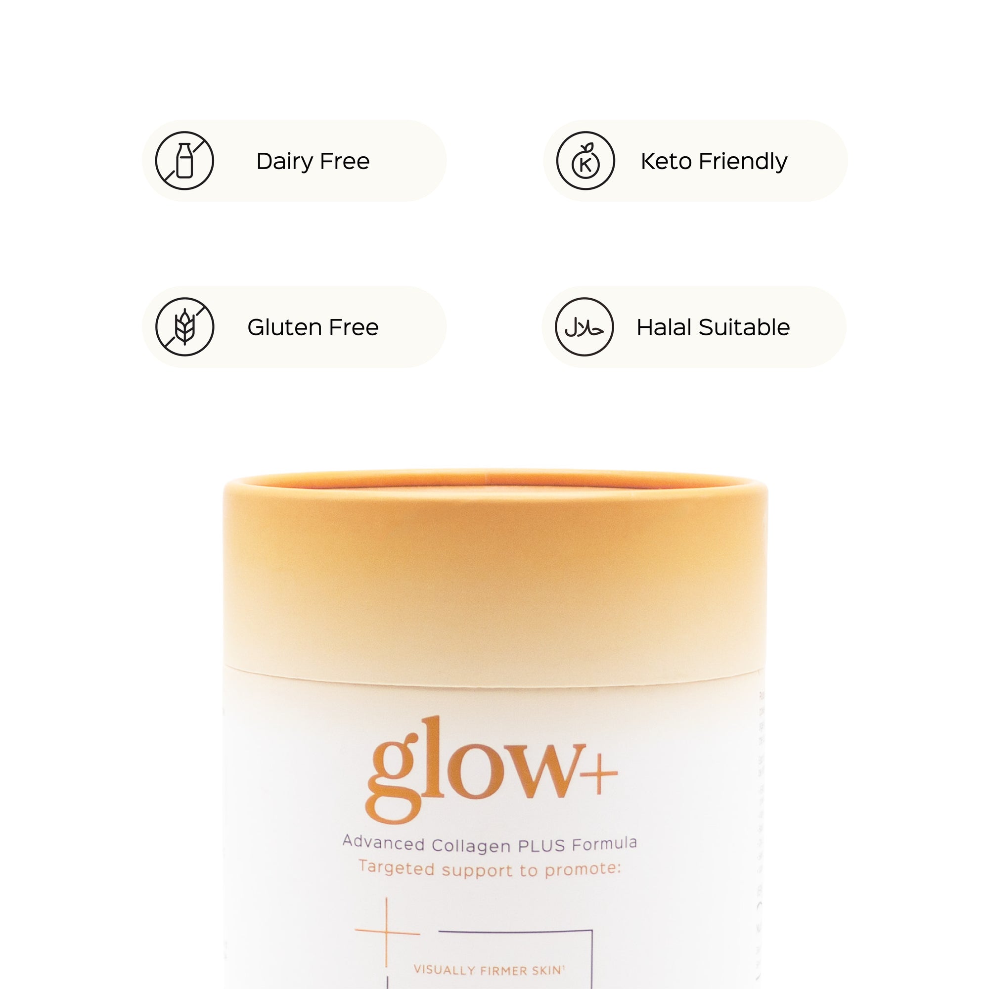 Pura Collagen glow+ bottle with label showing a sleek design and vibrant pink accents, emphasizing collagen supplement packaging.