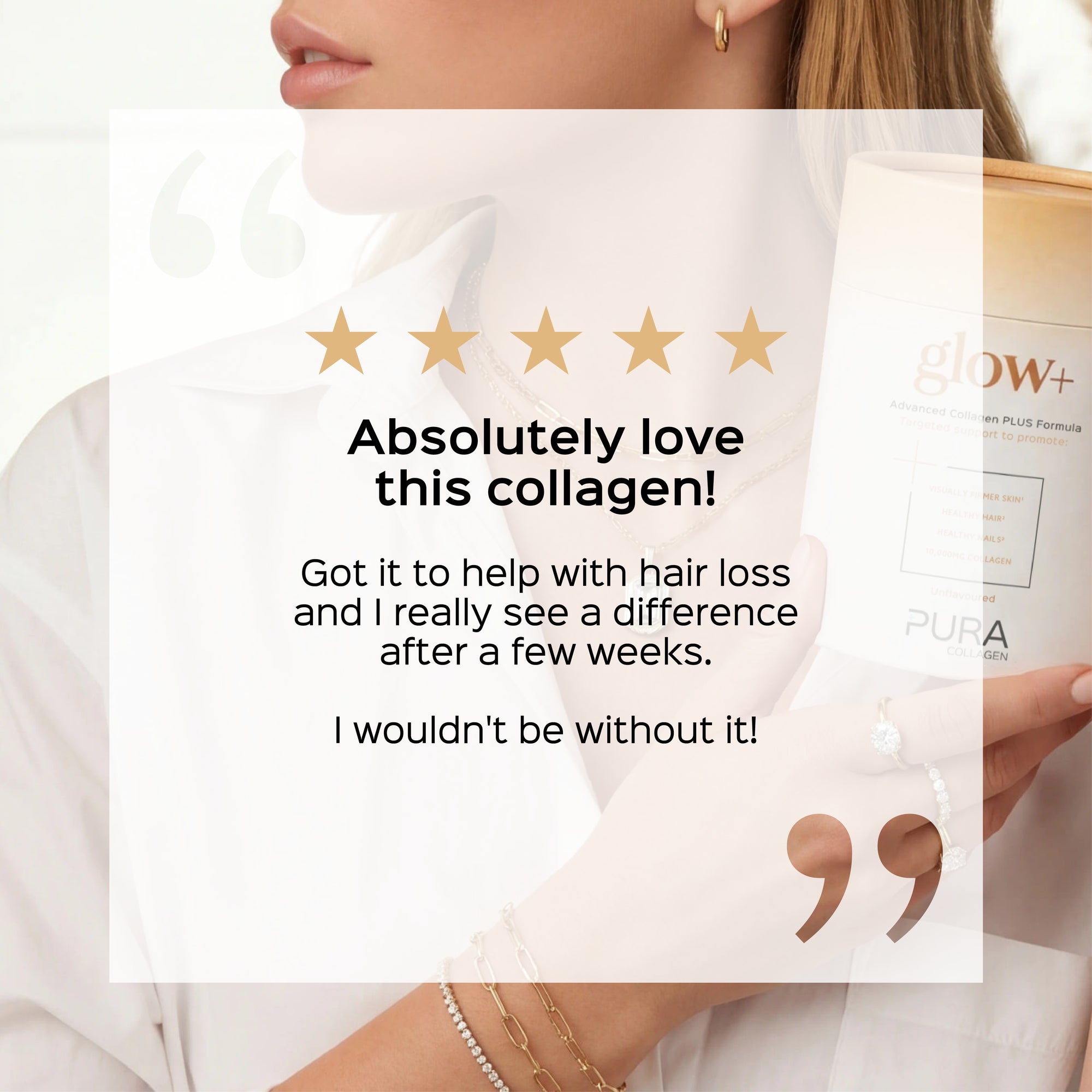 Pura Collagen glow+ bottle with a sleek design, featuring the glow-10 label and a clear view of the supplement packaging.