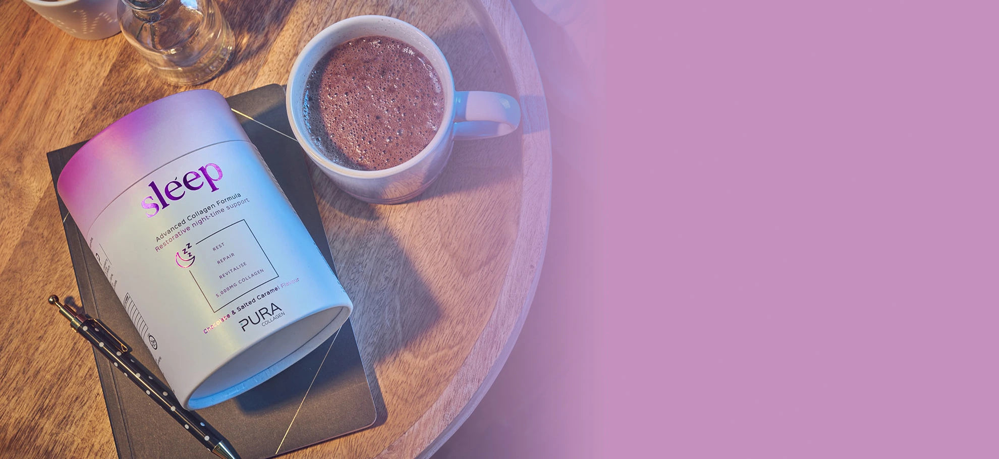 wide banner showing pura sleep hot chocolate