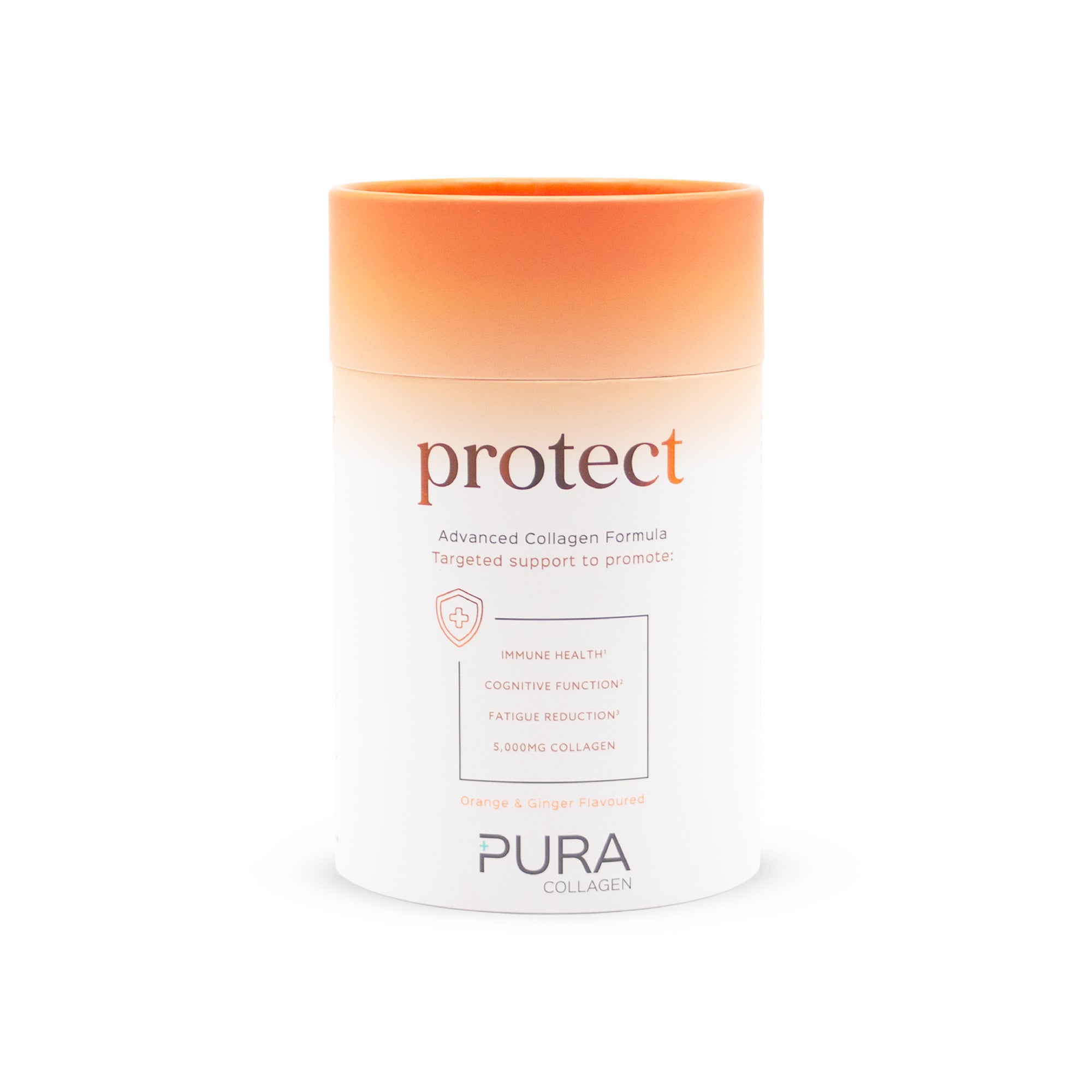 Pura Collagen Protect supplement bottle with label featuring natural ingredients and product branding on a white background.
