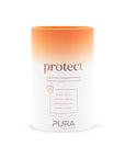 Pura Collagen Protect supplement bottle with label featuring natural ingredients and product branding on a white background.