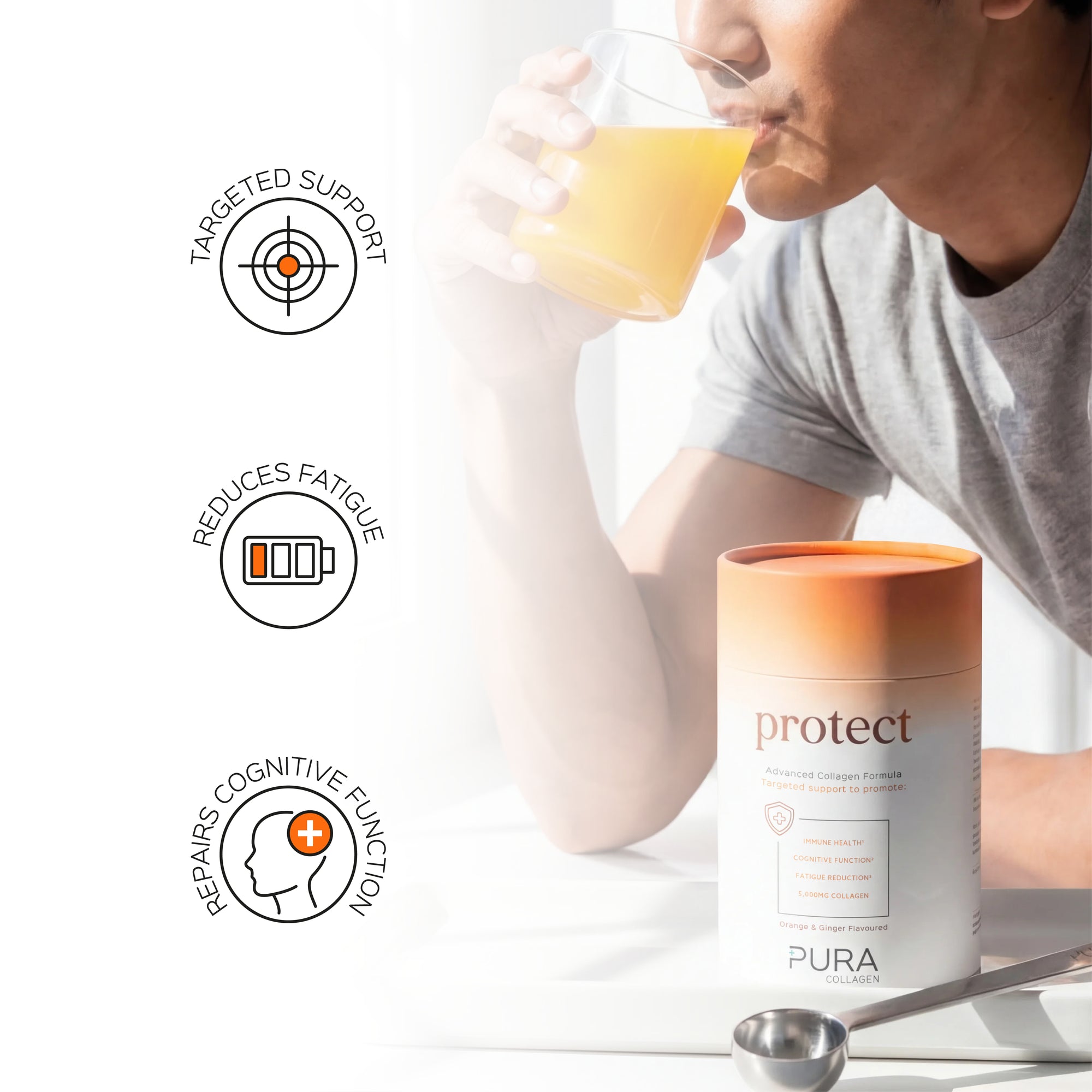 Pura Collagen Protect supplement bottle with label showing product details and branding, placed on a clean surface.
