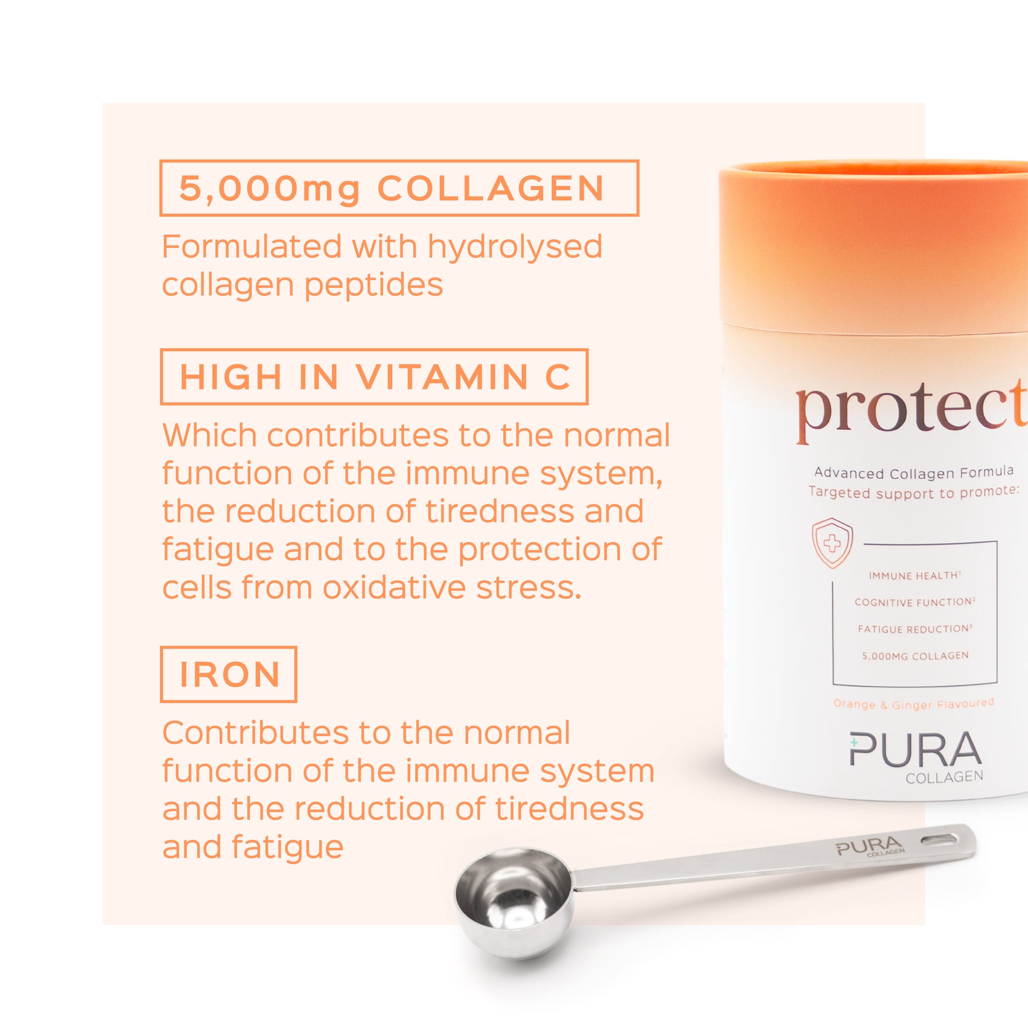 Pura Collagen Protect supplement bottle with label showing collagen and skincare benefits, set against a clean background.