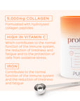 Pura Collagen Protect supplement bottle with label showing collagen and skincare benefits, set against a clean background.