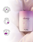 Pura Collagen sleep supplement bottle with label, showing capsules and product branding on a white background.
