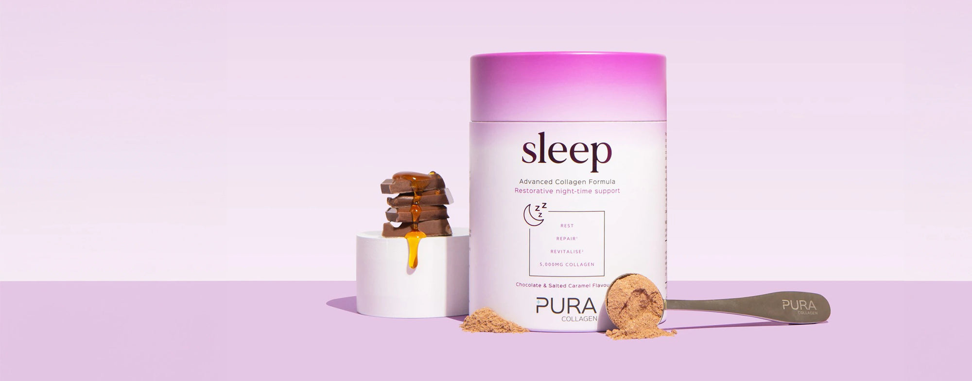 pura sleep collagen hot chocolate powder tub