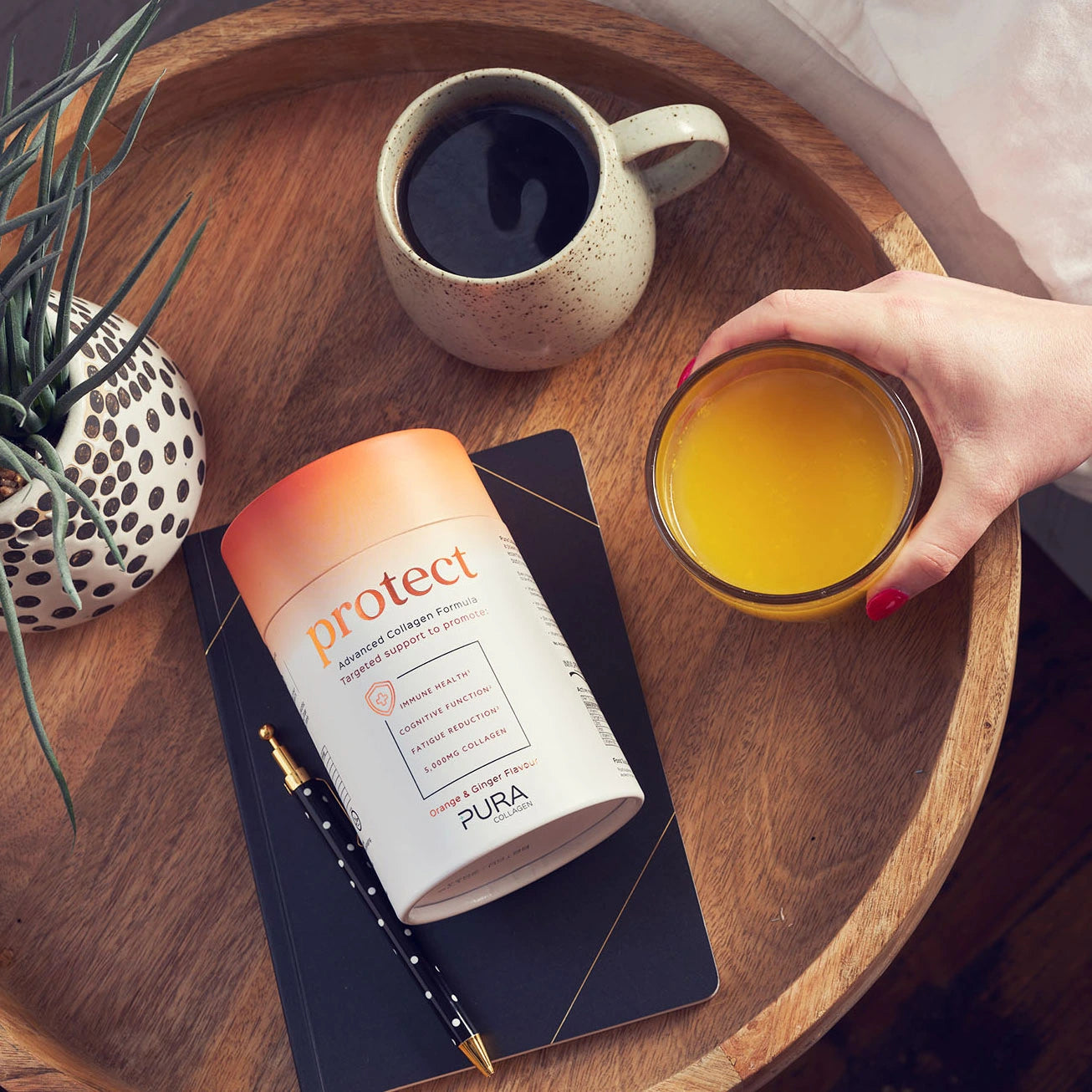 Pura protect collagen on wooden tray